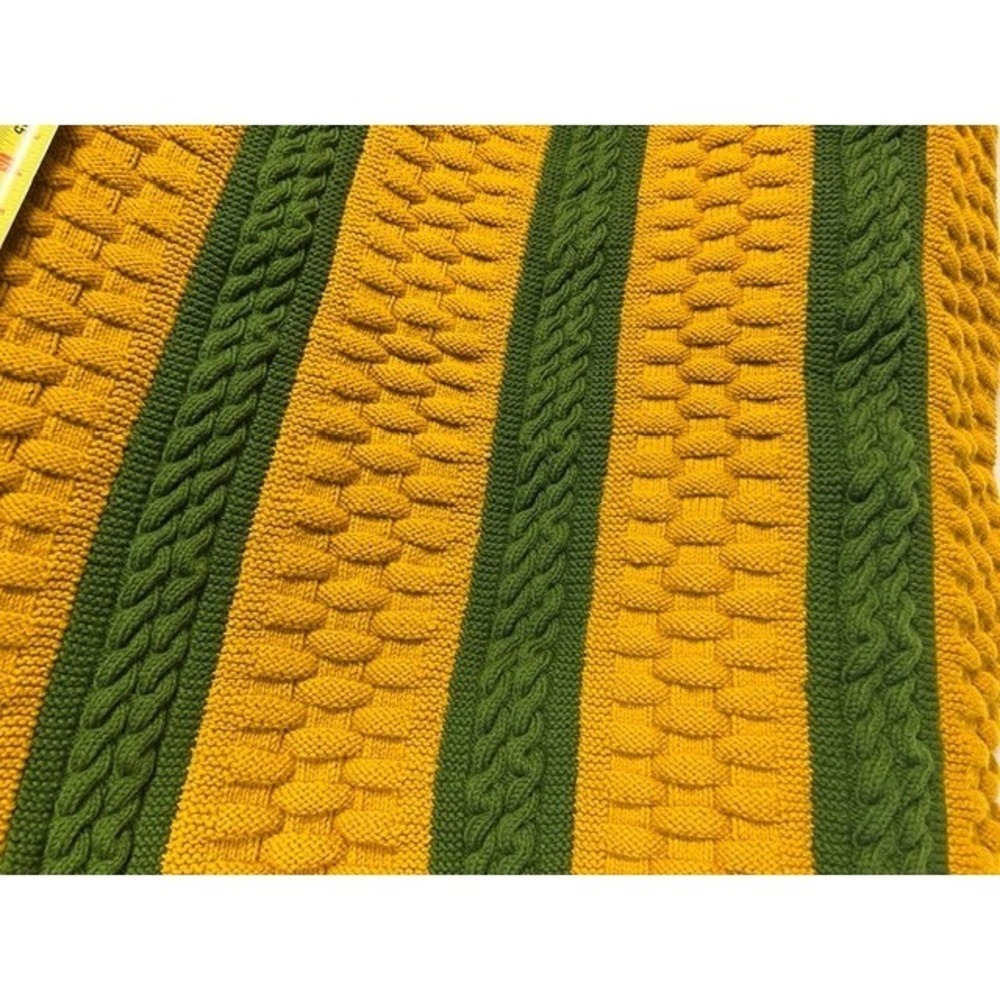 Handmade Crochet Blanket Orange Olive Green Striped Cable Basketweave 30x66 - Picture 6 of 6